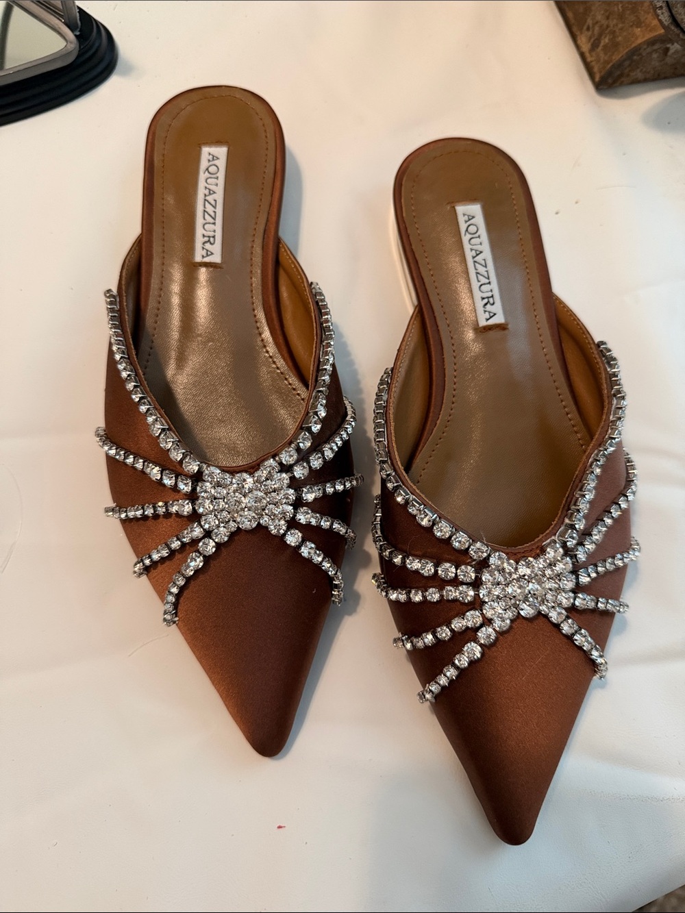 Aquazzura Brown Satin Pointed Crystal-Embellished Mules